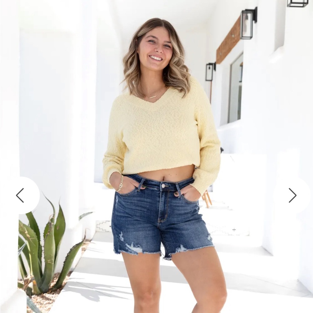 The Fiona from Judy Blue: Mid-Rise Hi-Lo Cut Destroyed Distressing Shorts